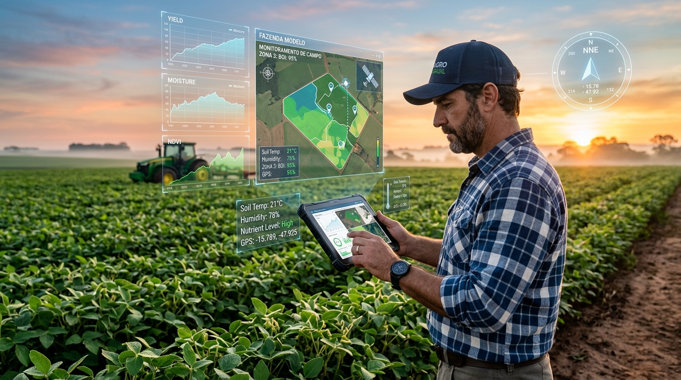 Produtor rural utilizando Raiz Agro Hub no campo